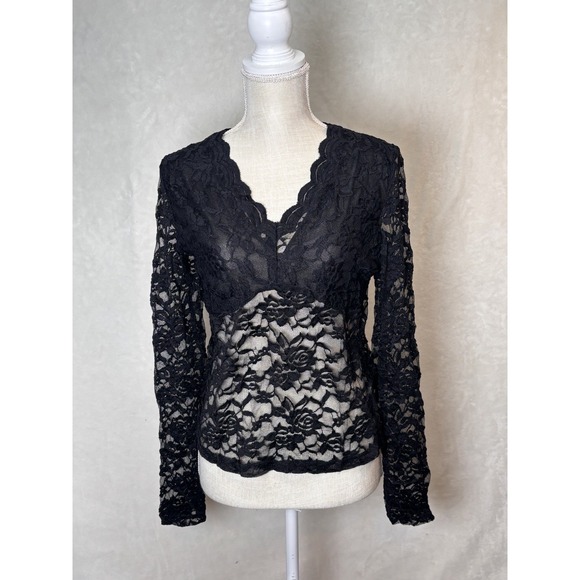 The Unbranded Brand Tops - Black Floral Lace Mesh Sheer Top 2XL Romantic Soft Goth Whimsigoth Long Sleeve